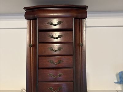 Vintage Wooden Jewelry Box Armoire with 5 Drawers and Side Compartments - Dark Wood Finish