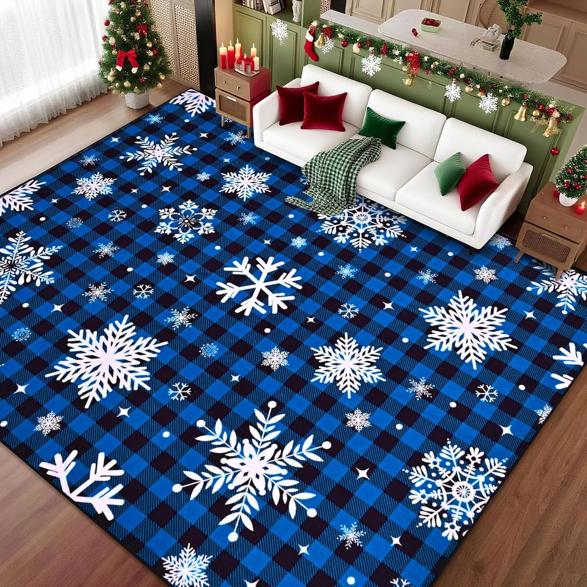 ASPMIZ 8x10 Christmas Rug, Snowflake, blue