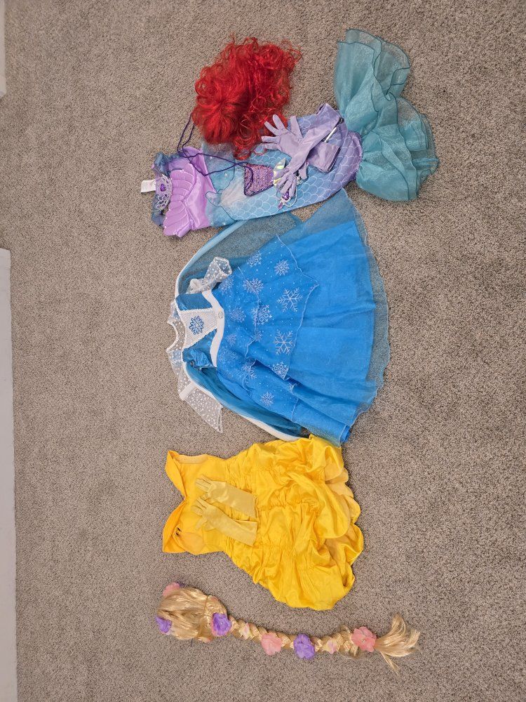 Disney Princess Dress Up Costume Lot - Belle, Ariel, Elsa & Rapunzel wig 
