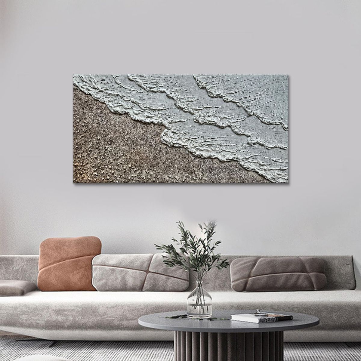29" x 58" Wavey Beach Oil Painting - 3D Textured w/ Actual Rock
