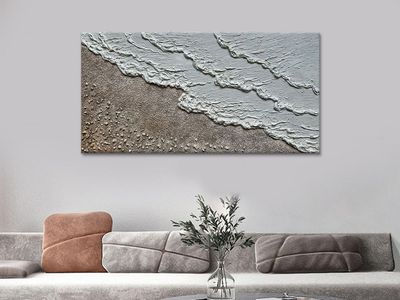 29" x 58" Wavey Beach Oil Painting - 3D Textured w/ Actual Rock