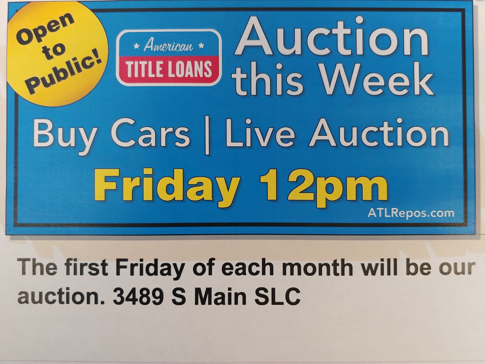 Repo car auction today 12PM. Open  to the Public