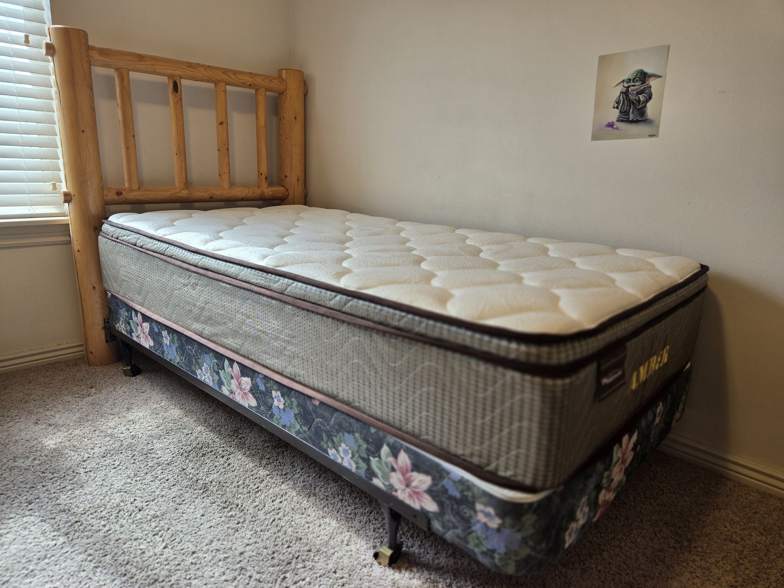 Twin Wooden Log Bed Frame, Mattress, Base
