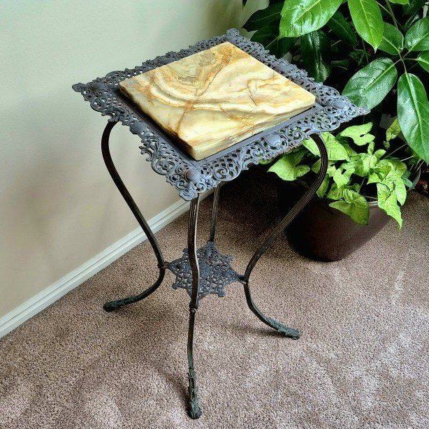 Vintage Plant Stand with Onyx Top - Ornate Gray Metal Side Table