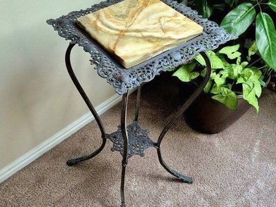 Vintage Plant Stand with Onyx Top - Ornate Gray Metal Side Table