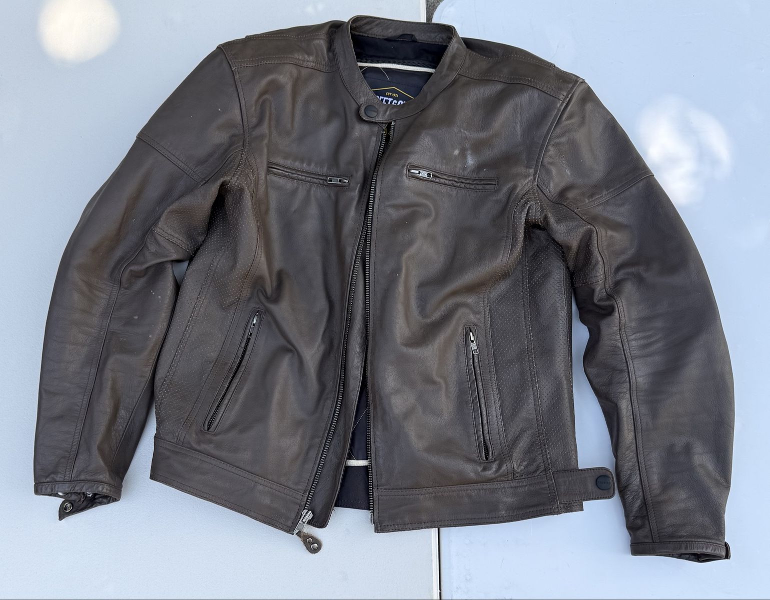Street & Steel Brute II Men's L Brown 100% Leather Cafe Racer Motorcycle Jacket with Armor Pads