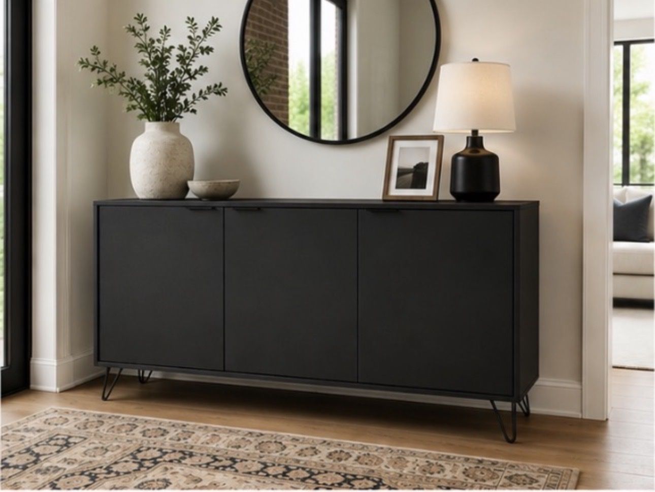 Modern Black 3-Door Console Table with Hairpin Legs - Stylish Storage Cabinet