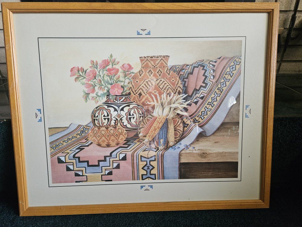 Framed Southwestern Still Life Art Print with Native American Pottery and Rug