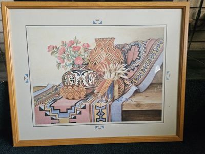 Framed Southwestern Still Life Art Print with Native American Pottery and Rug