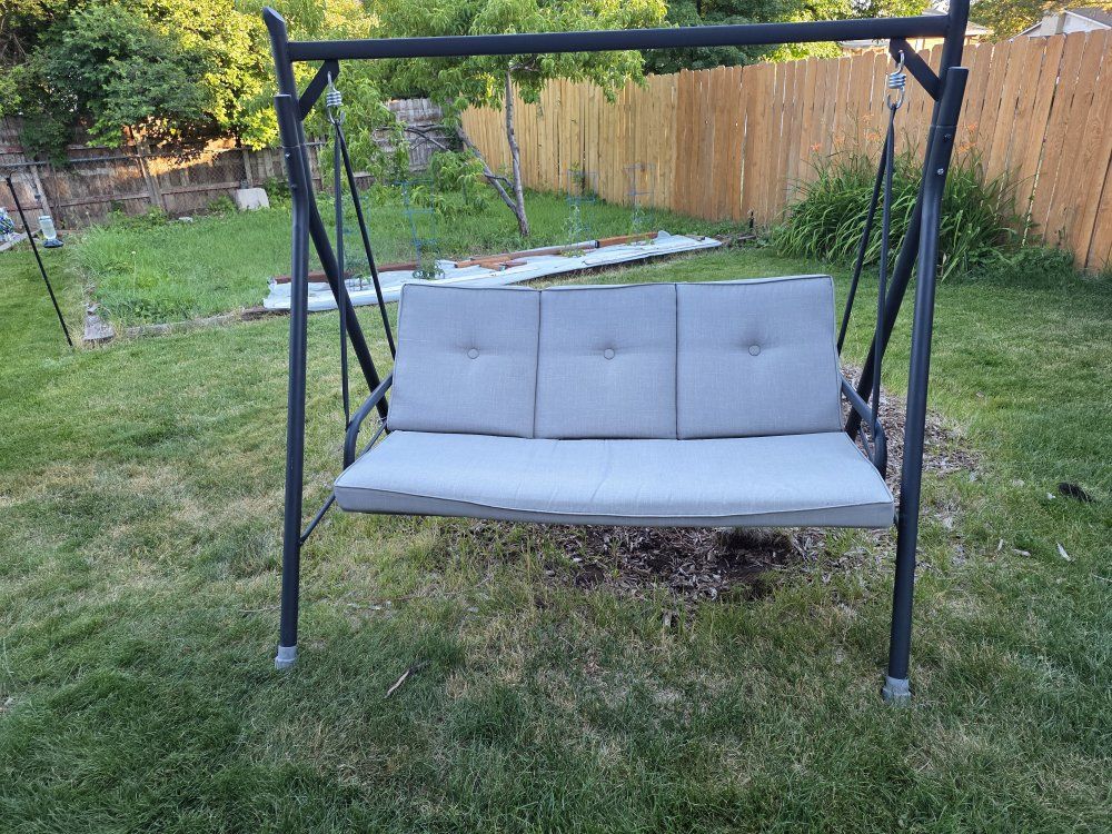 Outdoor Porch Swing with Gray Cushions - Sturdy Metal Frame
