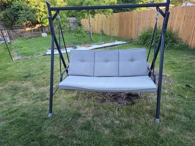 Outdoor Porch Swing with Gray Cushions - Sturdy Metal Frame
