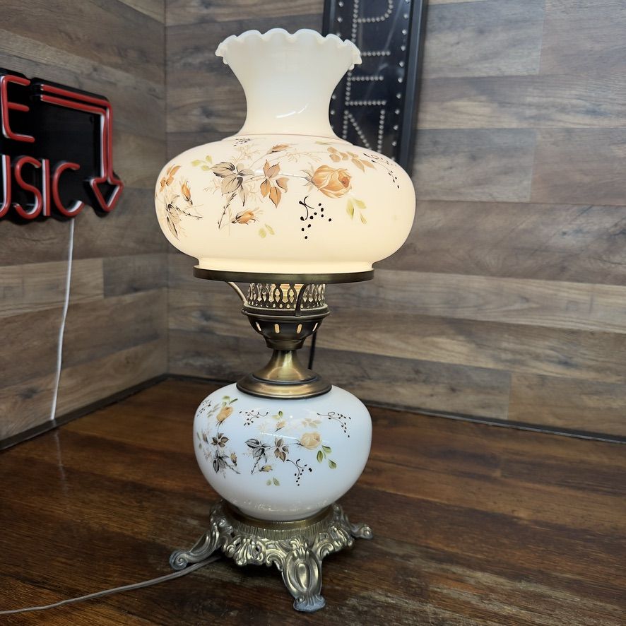 Vintage Hurricane Parlor Lamp Hand-Painted Frosted Glass Brown White