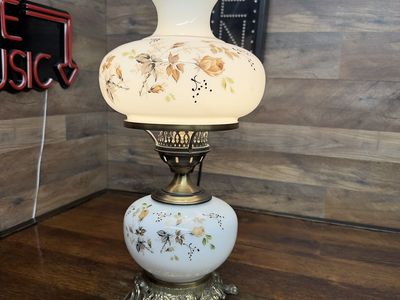 Vintage Hurricane Parlor Lamp Hand-Painted Frosted Glass Brown White