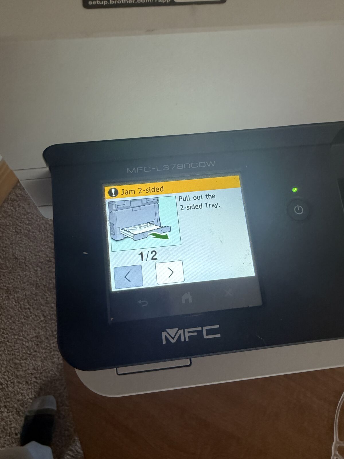 Brother MFC-L3780CDW printer - jam 2-sided error upon startup