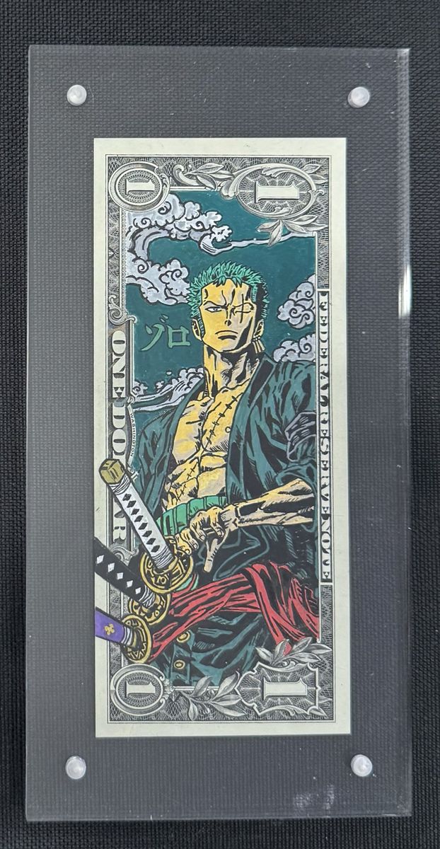 One Piece Roronoa Zoro Custom Hand-Painted Anime Art on a Real Dollar Bill - Unique Collectible