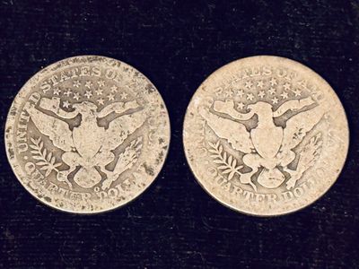 1893 and 1907 Barber Quarter Dollar 90% Silver Coins