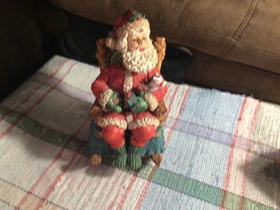Christmas, treasures. Vintage Bobble head rocking Santa Music box, Hand made Nativity , made with real porcelain Figures,