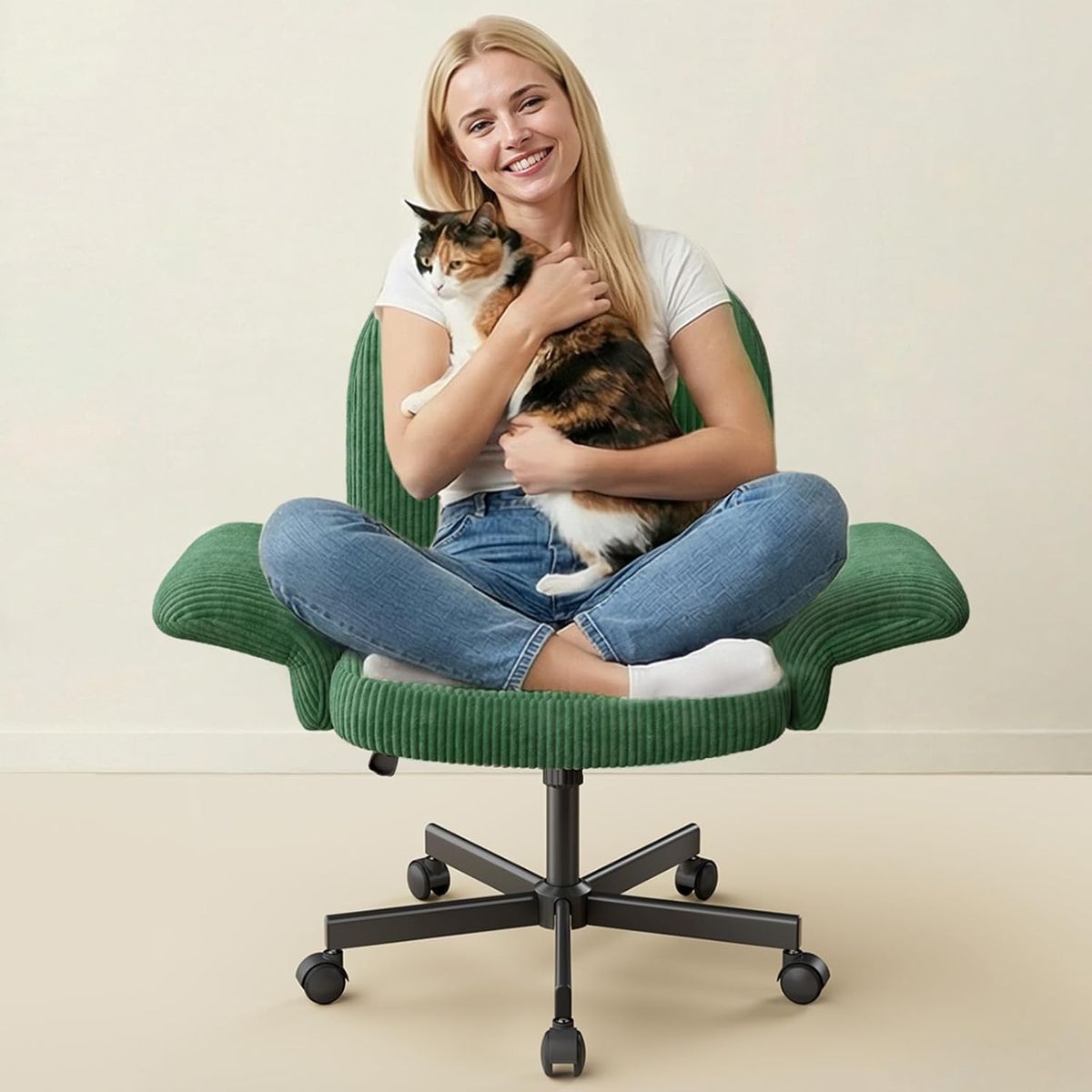 Cross Legged Office Chair - Adjustable Armrests - Deep Green