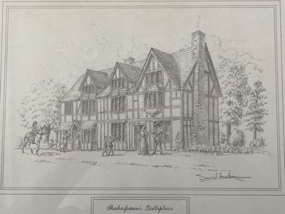 ART — Framed David Hawken 'Shakespeare's Birthplace' and “Lord Leycester Hospital, Warwick” Pencil Drawing Art Prints