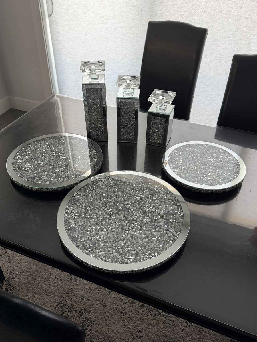 Mirrored Crushed Diamond Decor Set - 3 Candle Holders & 3 Round Trays