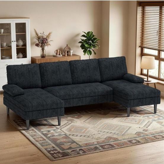 Modern U-Shaped Sectional Sofa - Dark Gray Chenille Fabric