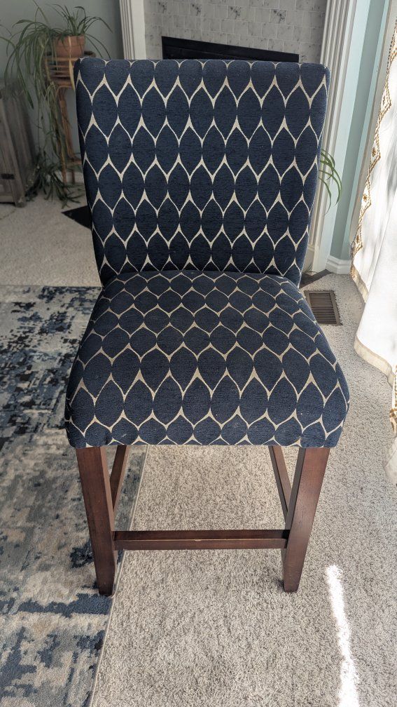 2 Stylish Navy Blue & White Patterned Upholstered Counter Height Bar Stool