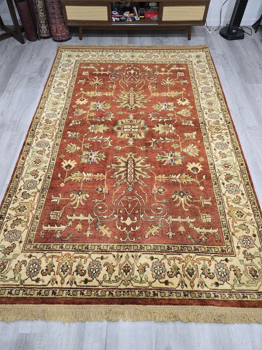 6x9 Area Rug - Oushak Design, Red and Soft Gold