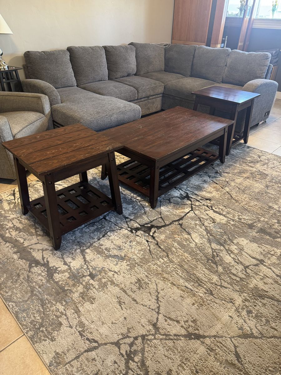 Rustic Dark Wood Coffee Table Set with Lift Top and Two Matching End Tables