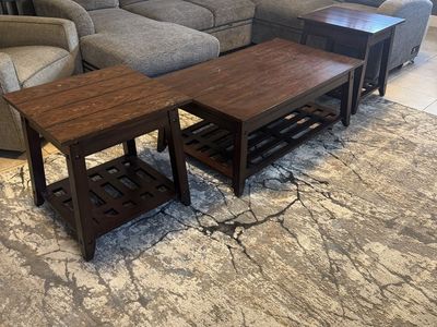 Rustic Dark Wood Coffee Table Set with Lift Top and Two Matching End Tables