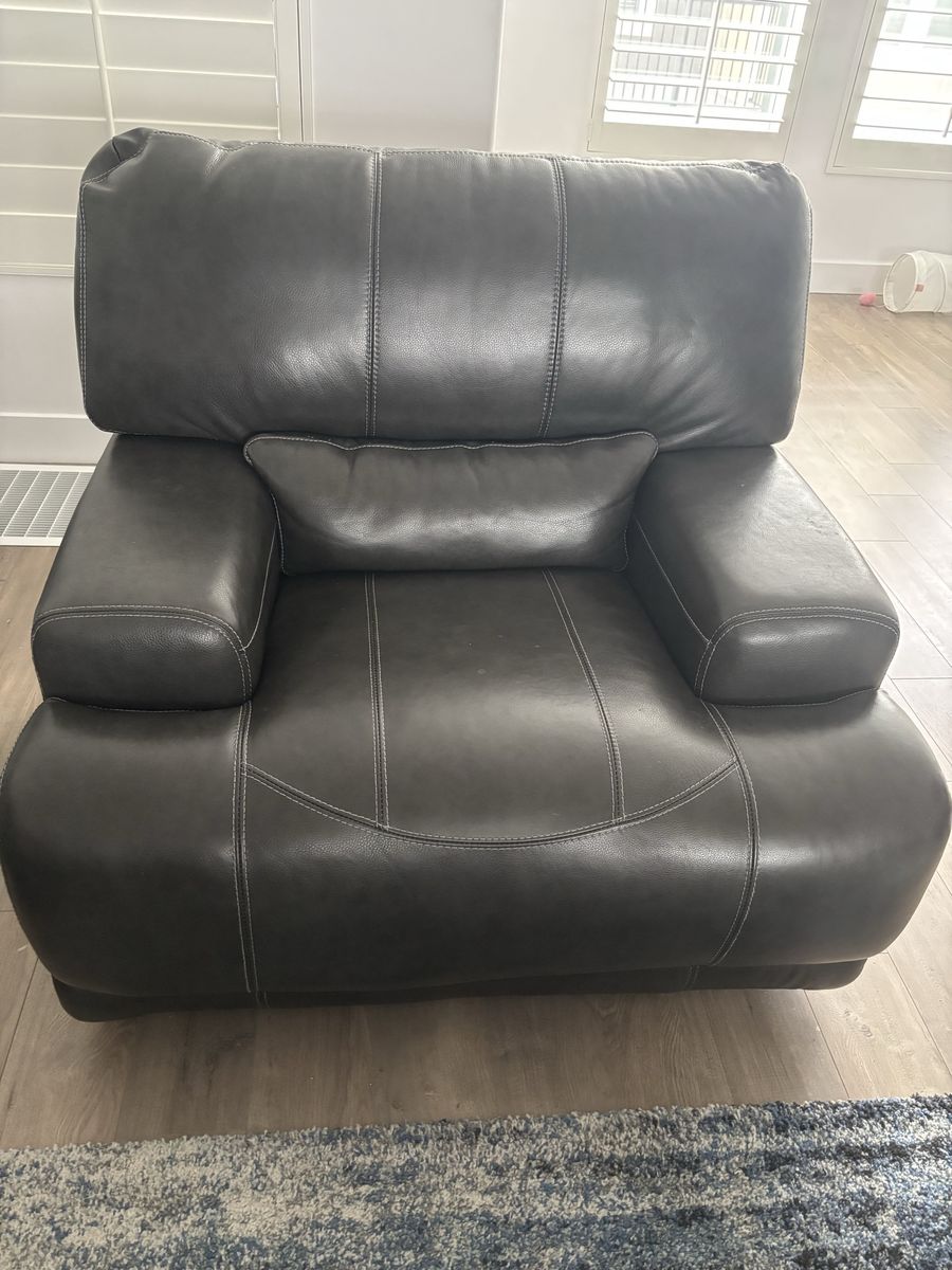 Dark Gray Leather Reclining Sofa and Armchair Set - Comfortable Living Room Furniture