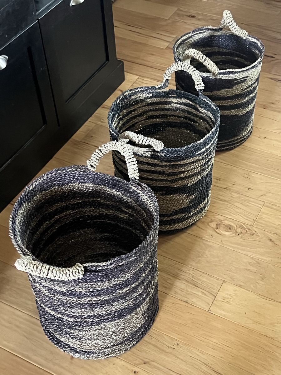 Set of 3 Handwoven Seagrass Storage Baskets with Handles - Black, Tan, and Cream Striped