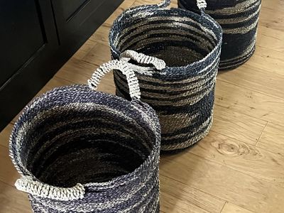Set of 3 Handwoven Seagrass Storage Baskets with Handles - Black, Tan, and Cream Striped