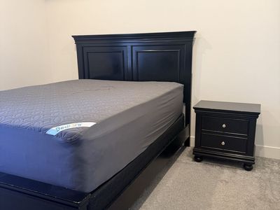Black Wood Queen Size Bedroom Set - Bed Frame, Dresser with Mirror, Nightstand, Mattress & Boxspring