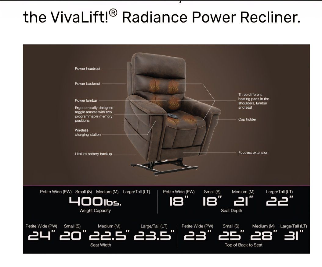 VivaLift! Radiance PLR-3955M Used Power Recliner - Brown, Medium/Large, Heat, Charging, Lift Chair