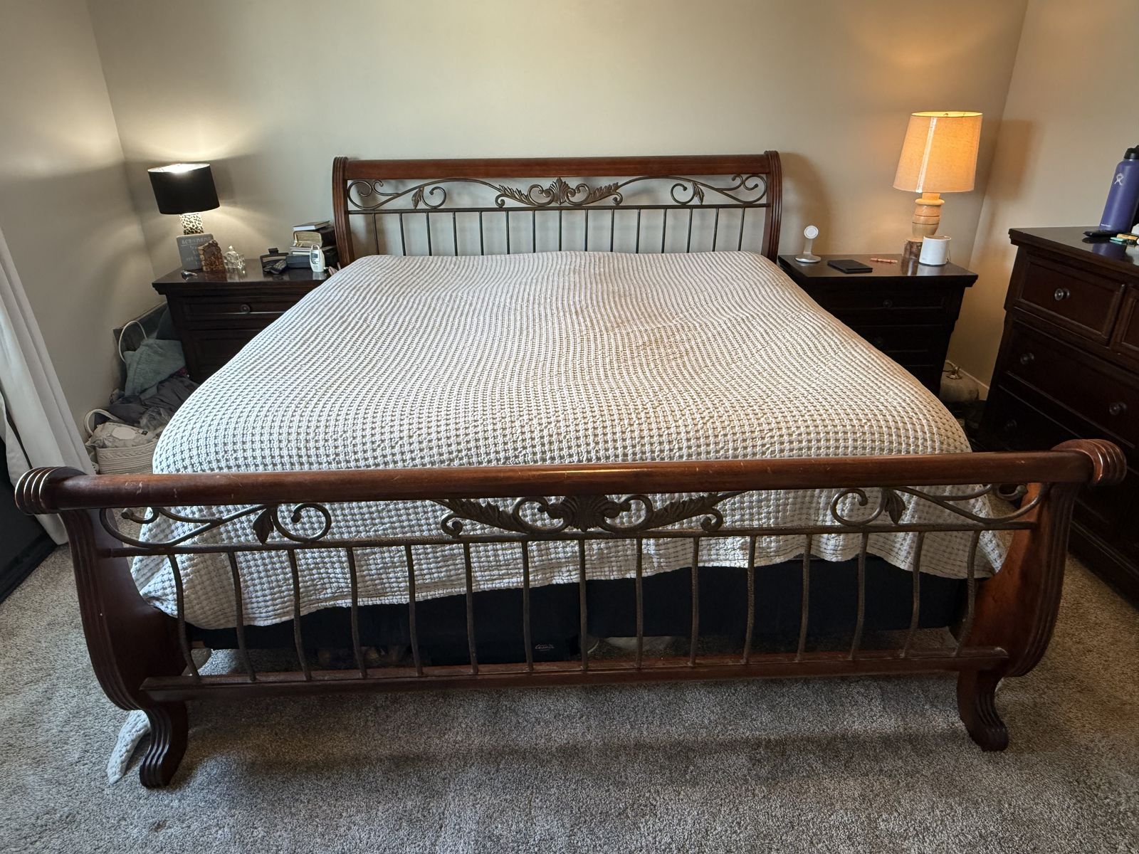 Solid Wood King/California King Bed Frame with Cast Iron Headboard & Footboard