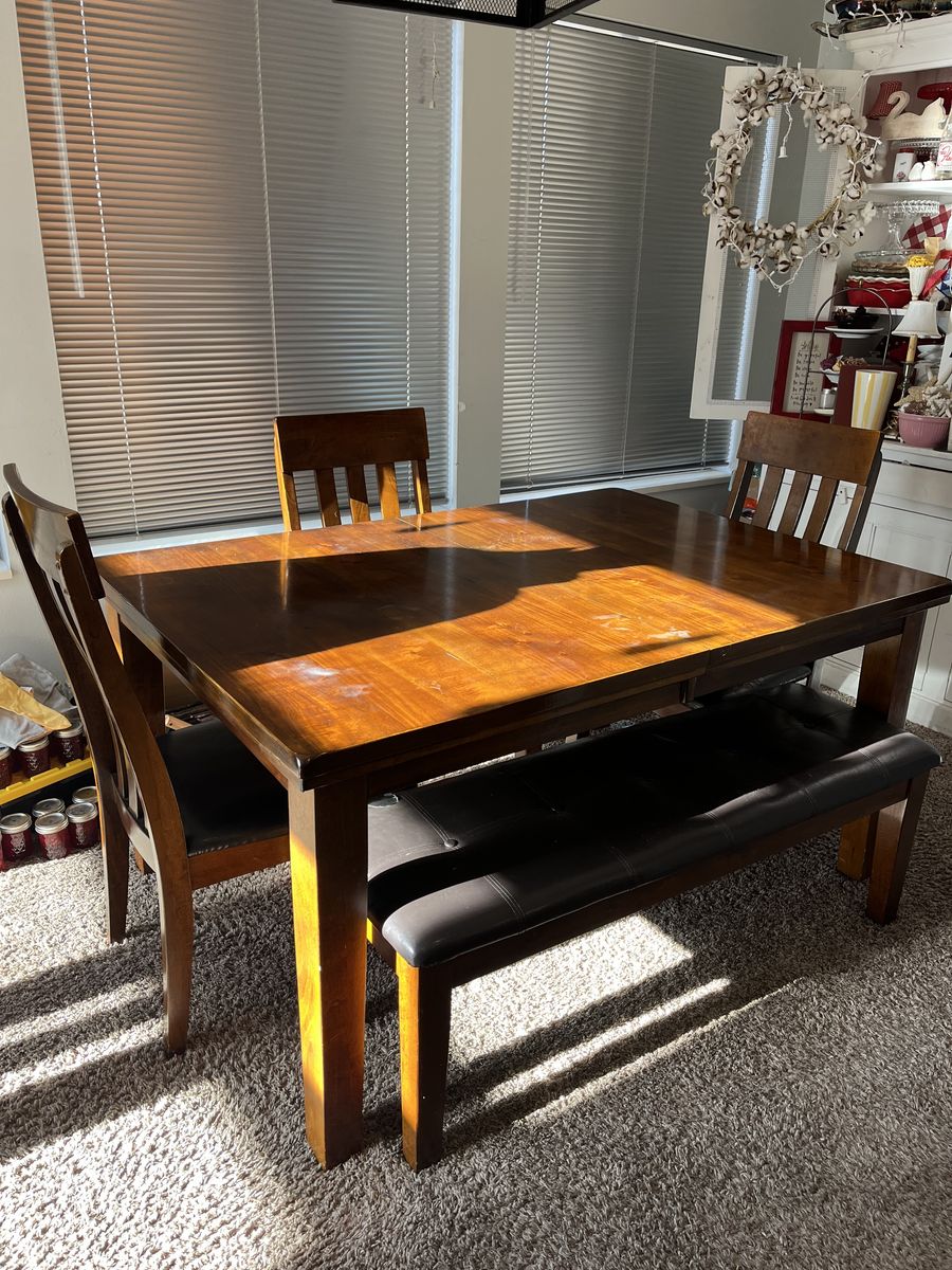 Table, bench, 4 chairs