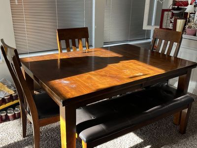 Table, bench, 4 chairs