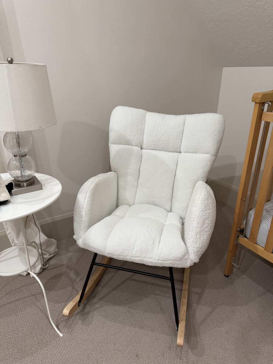 Cream Boucle Nursery Rocking Chair — Wood Rockers, Like New