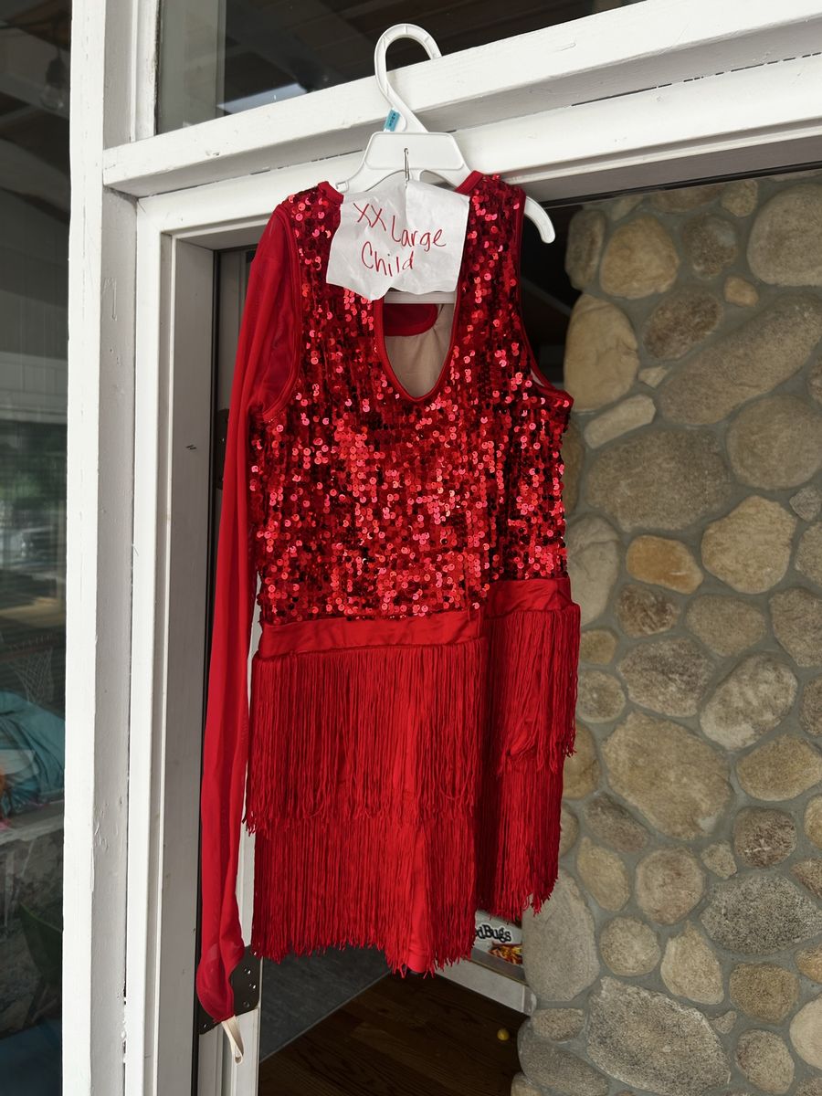 Red Sequin & Fringe Dance Costume Dress - Child's XL, One Long Sleeve (Ballet, Jazz, Lyrical, Tap)
