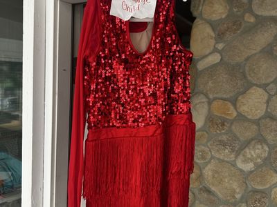 Red Sequin & Fringe Dance Costume Dress - Child's XL, One Long Sleeve (Ballet, Jazz, Lyrical, Tap)