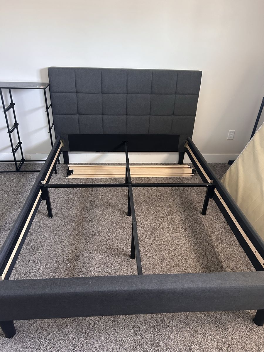 Grey Upholstered Platform Bed Frame with cushioned Headboard - Full/Queen Size, Modern Style
