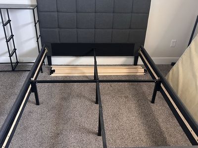 Grey Upholstered Platform Bed Frame with cushioned Headboard - Full/Queen Size, Modern Style