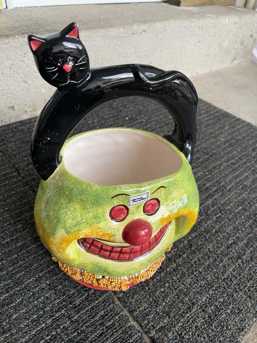 Hand Painted Ceramic Clown Basket with Black Cat Handle Halloween Decor