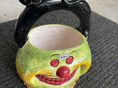 Hand Painted Ceramic Clown Basket with Black Cat Handle Halloween Decor