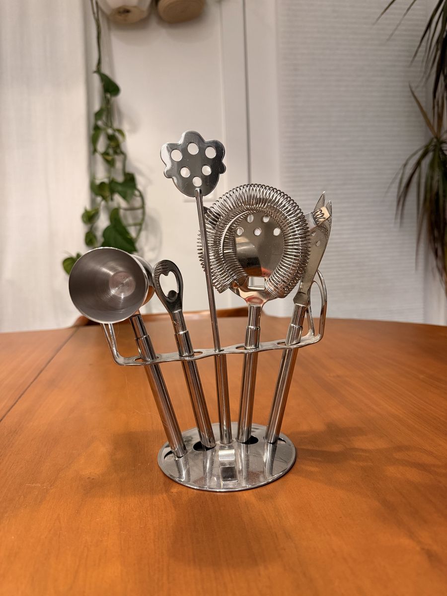 Stainless Steel 5-Piece Bar Tool Set with Stand - Jigger, Strainer, Stirrer