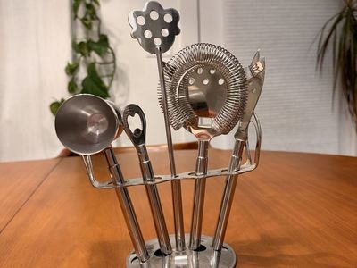 Stainless Steel 5-Piece Bar Tool Set with Stand - Jigger, Strainer, Stirrer