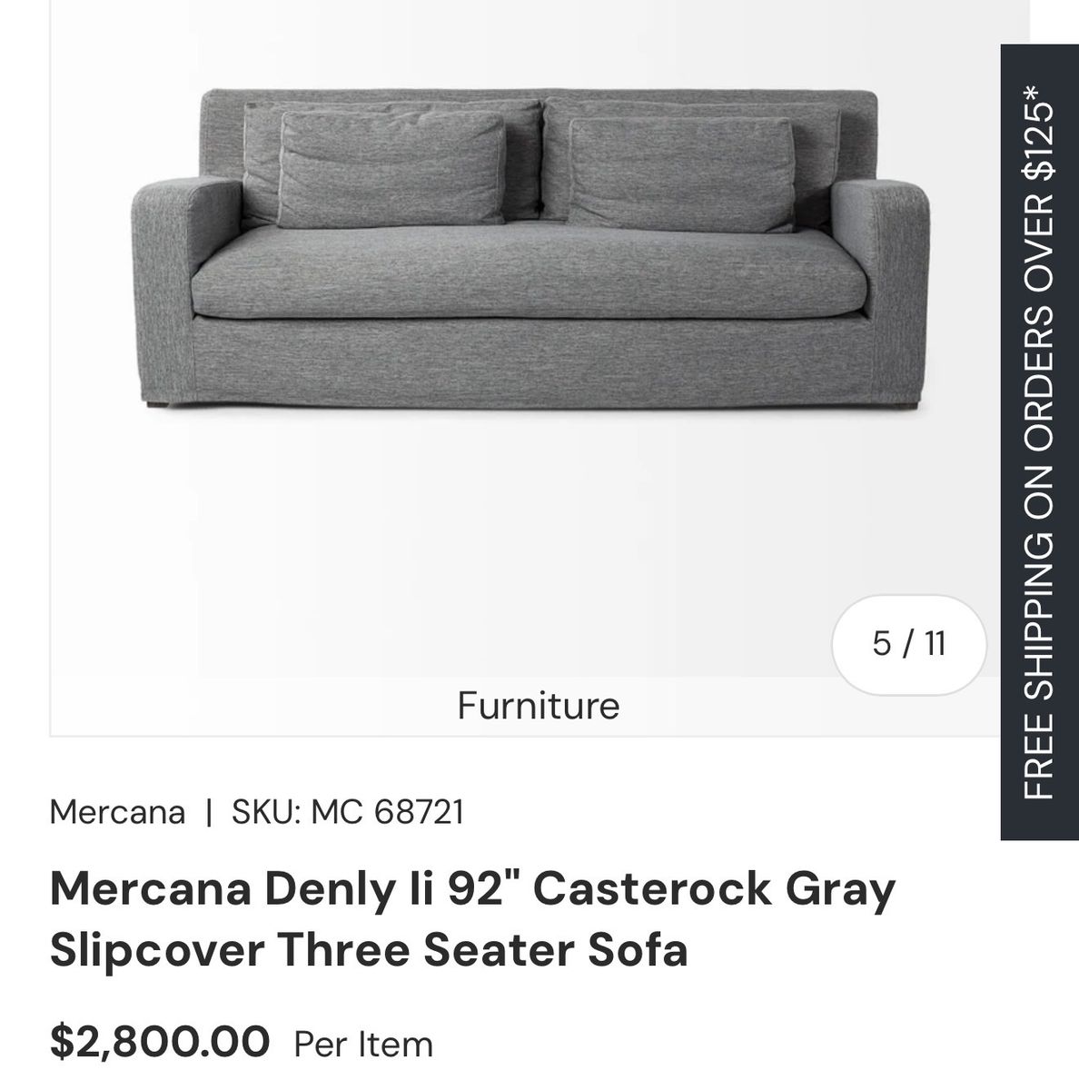 Mercana Denly 92" Casterock Gray Slipcover Three-Seater Sofa