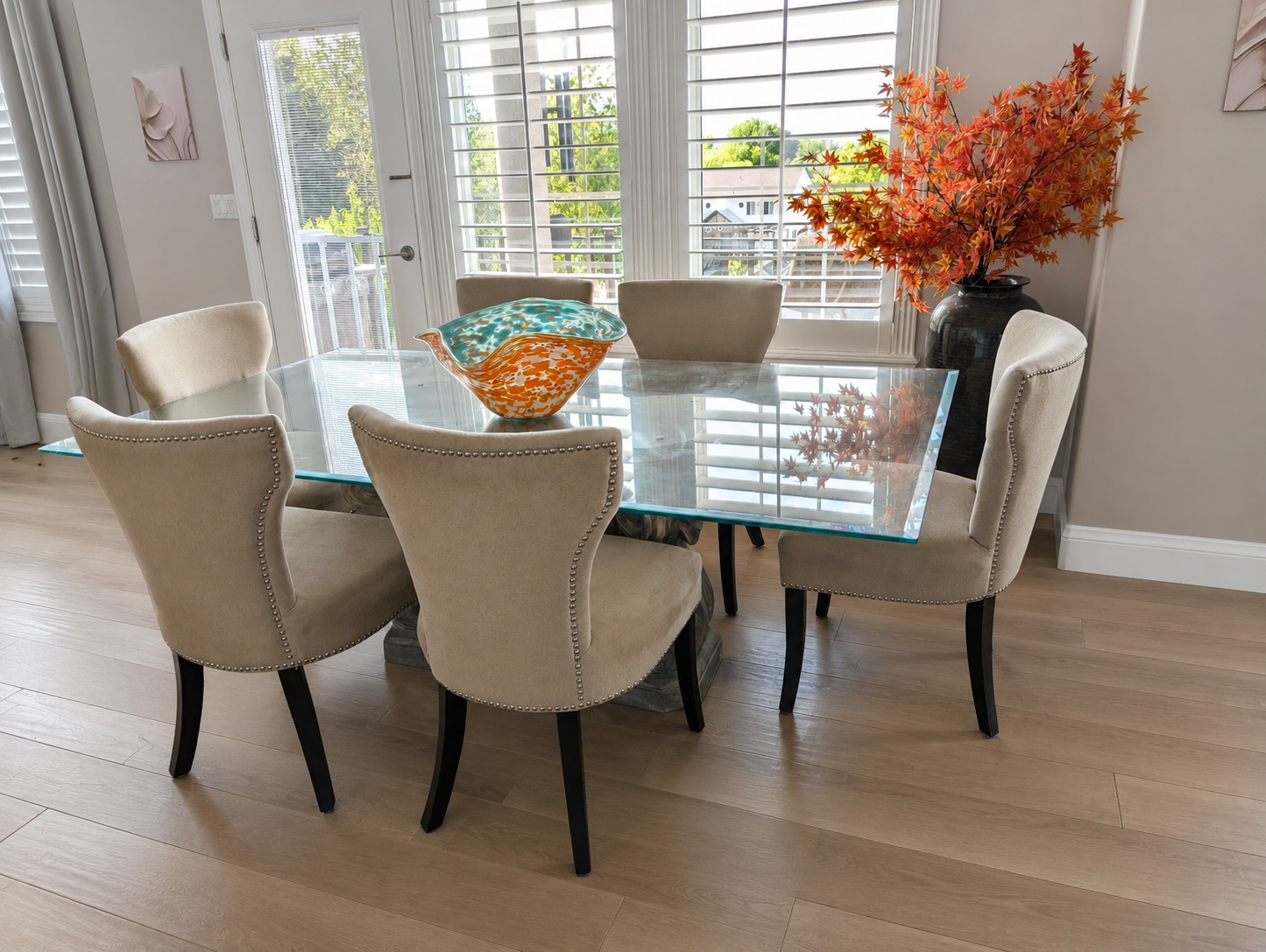 Elegant Glass Dining Table & 6 Chairs – 84" x 48"