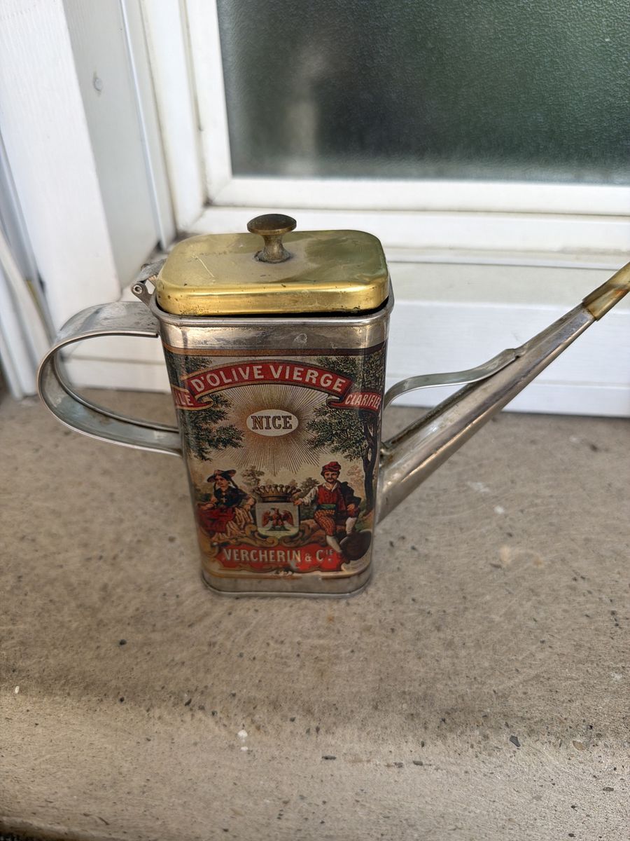 Vintage "Huile d'Olive Vierge Nice" Decorative Metal Oiler Can with Spout & Handle