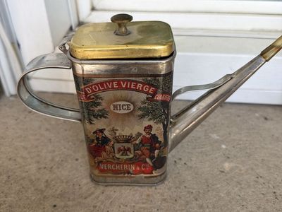Vintage "Huile d'Olive Vierge Nice" Decorative Metal Oiler Can with Spout & Handle